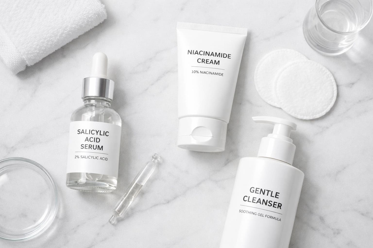 Dermatologist recommended acne skincare products including salicylic acid and niacinamide