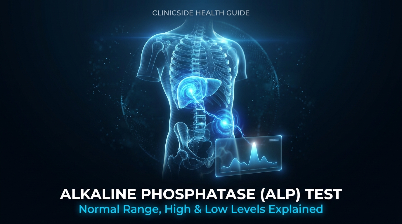 Alkaline phosphatase ALP test explained – Clinicside health guide cover showing liver and bone connection with normal range, high and low levels