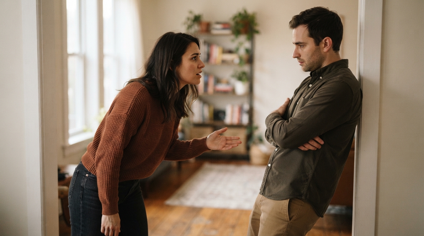 "Two people showing emotional push and pull in a relationship, representing ambivalent attachment"