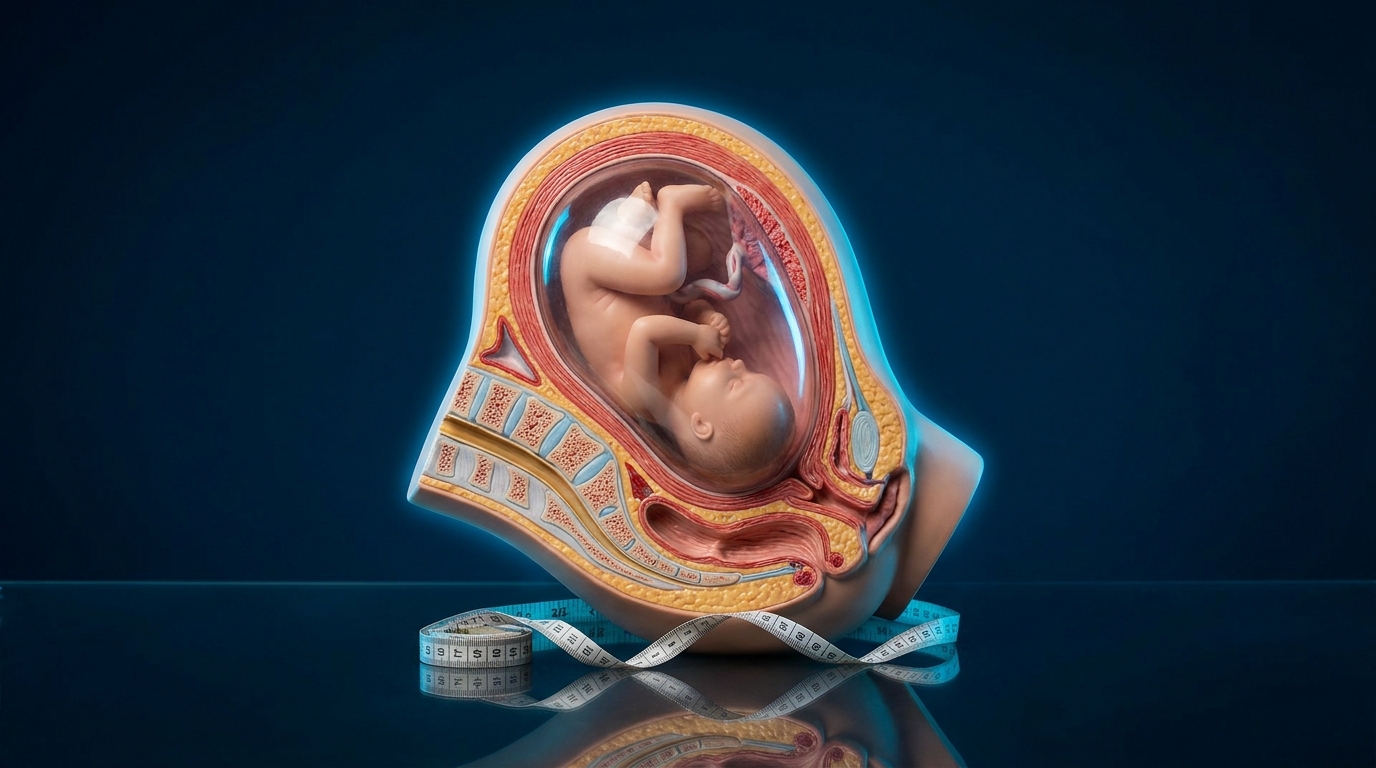 Anatomical model of the pregnant uterus with a measuring tape illustrating fundal height and McDonald's rule