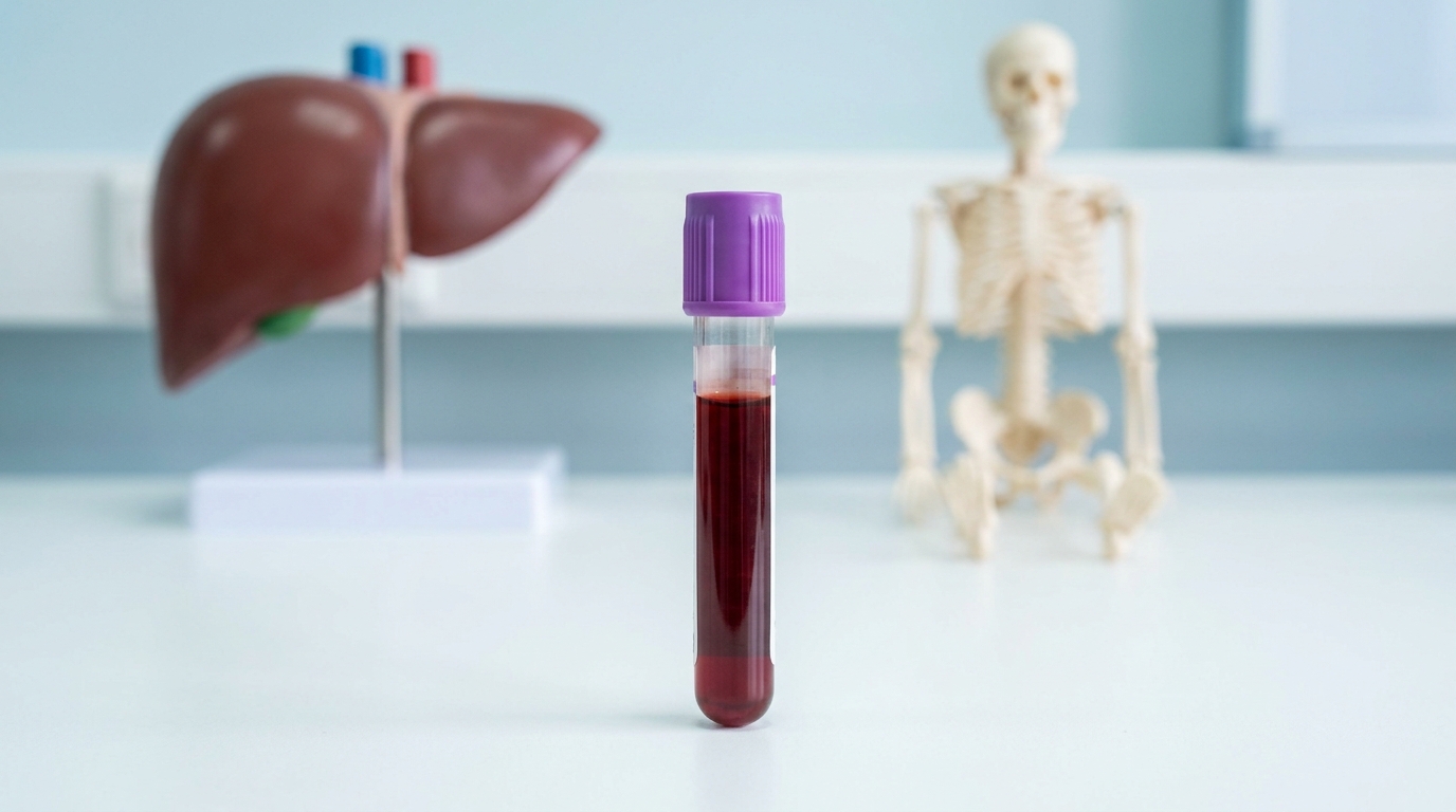Alkaline phosphatase ALP test blood sample tube with liver and bone models