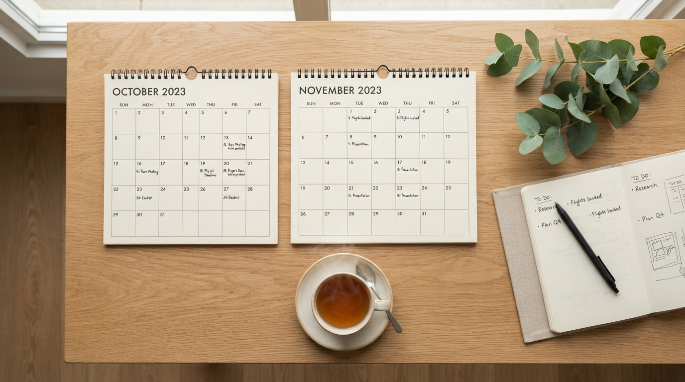 Two paper calendars side by side on a wooden table, showing two different methods of calculating a due date.