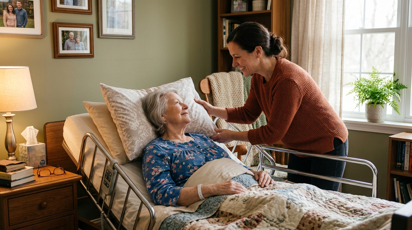 Caregiver adjusting pillow for bedridden patient at home