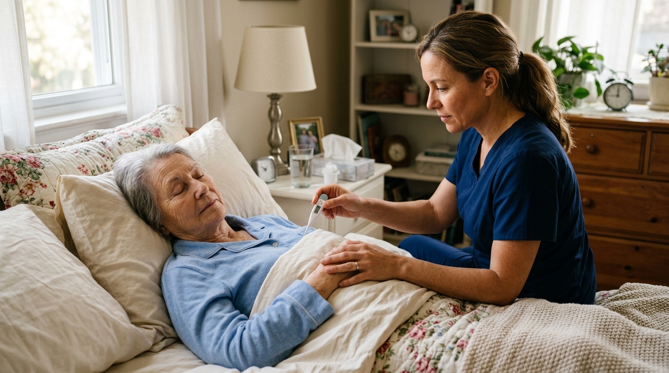 Caregiver monitoring bedridden patient's temperature for warning signs at home