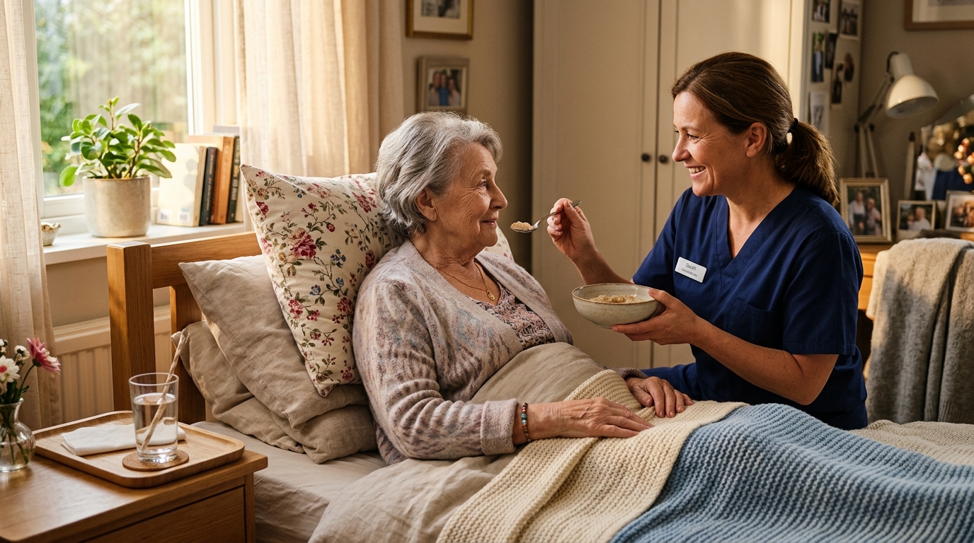 Caregiver helping bedridden patient with a meal in bed