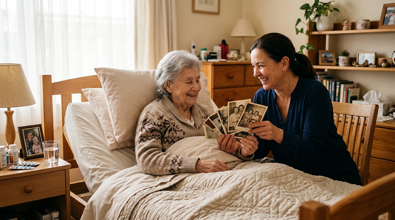 Caregiver spending quality time with bedridden patient for emotional wellbeing