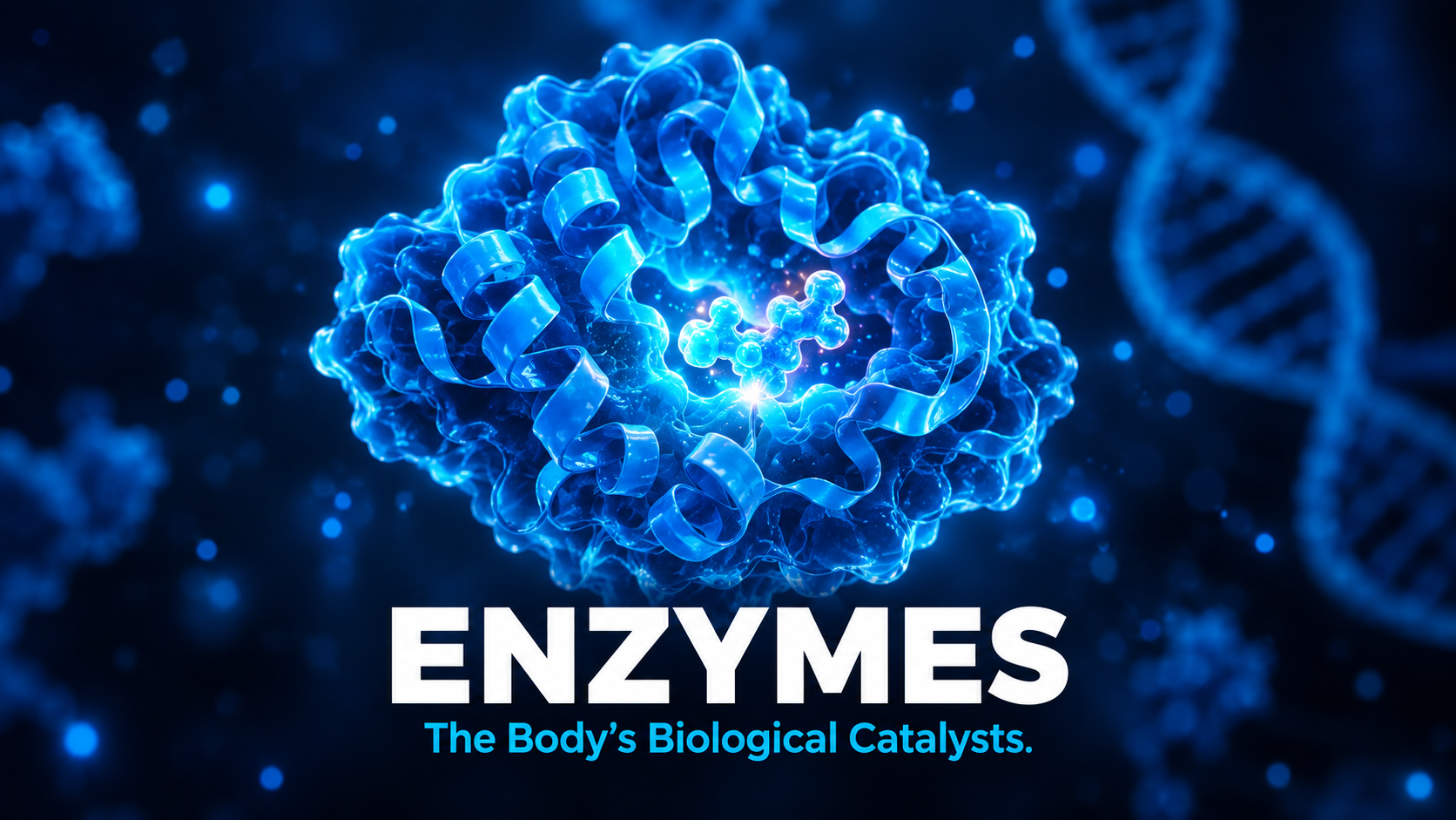 Glowing 3D enzyme molecule binding its substrate at the active site — cover image for What Are Enzymes biology guide