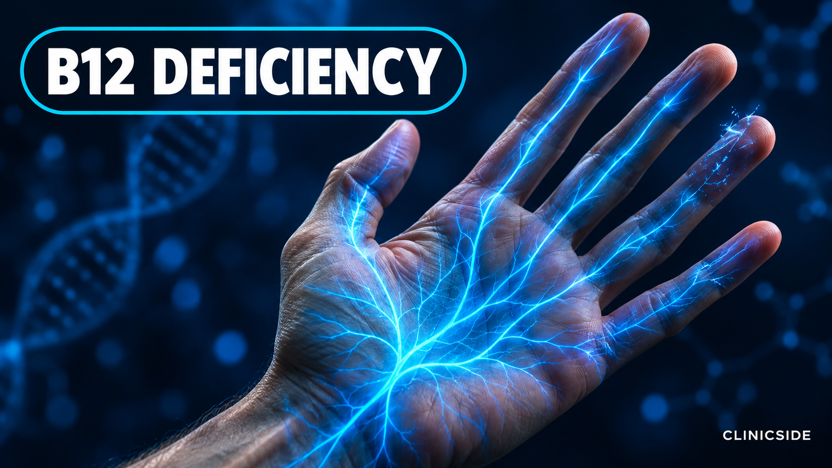 Glowing blue nerve pathways in hand representing Vitamin B12 deficiency in Pakistan