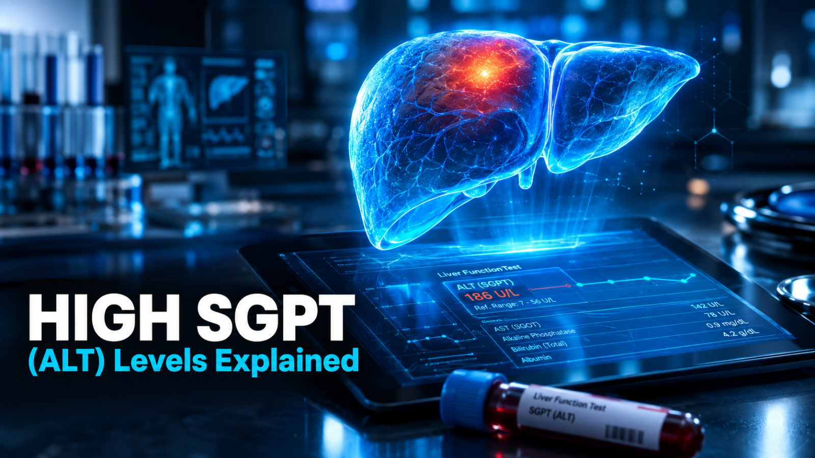 High SGPT ALT liver enzyme levels explained - glowing liver illustration with lab report on Clinicside