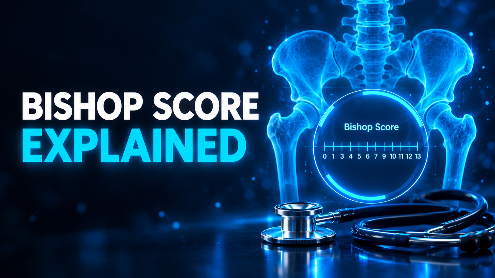 Bishop score explained: glowing blue holographic gauge with a 0 to 13 scale, a pelvis skeleton and a stethoscope on a dark navy background