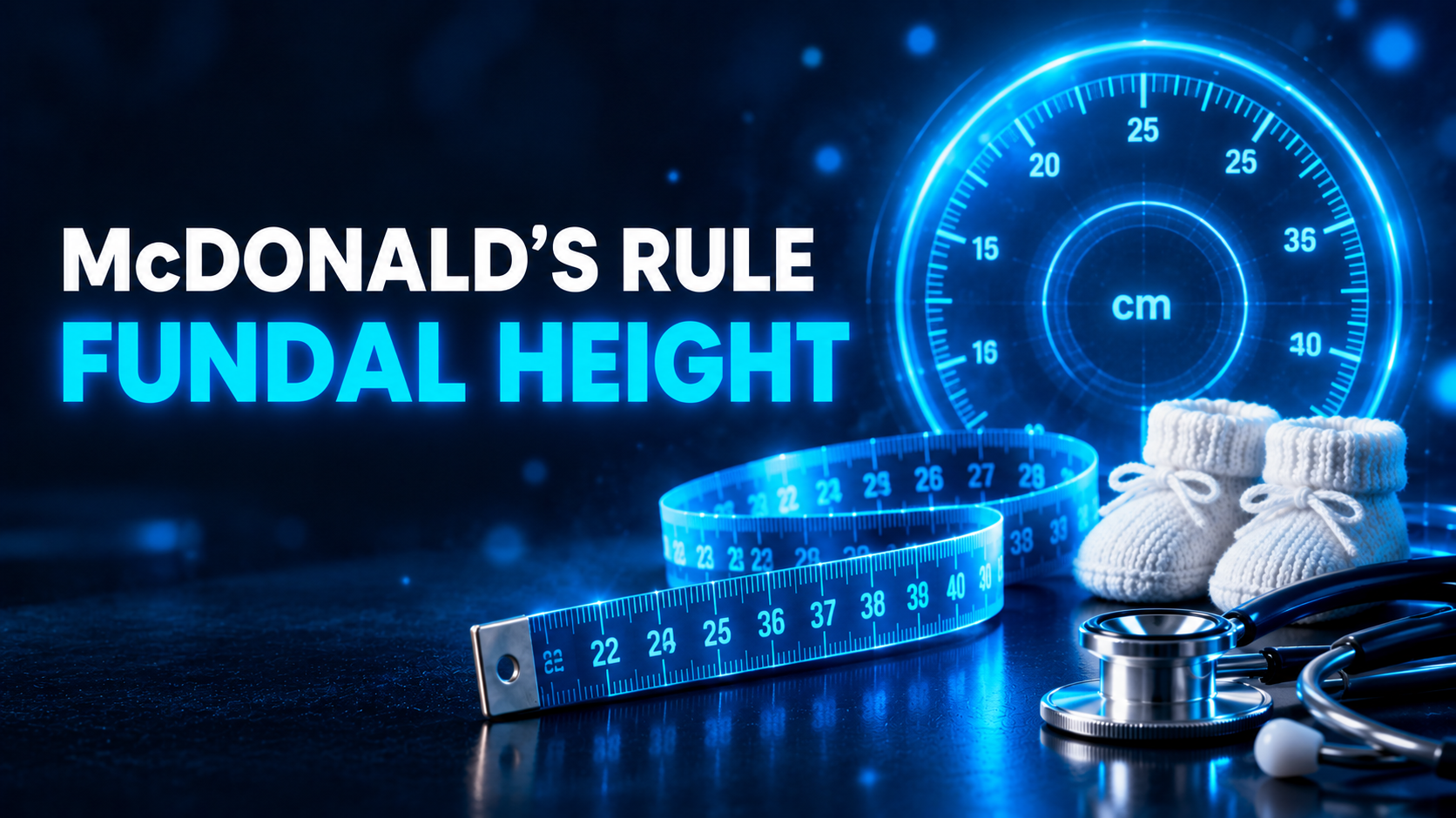 McDonald's rule and fundal height: glowing blue measuring tape with a centimeter gauge, baby booties and stethoscope on a dark navy background