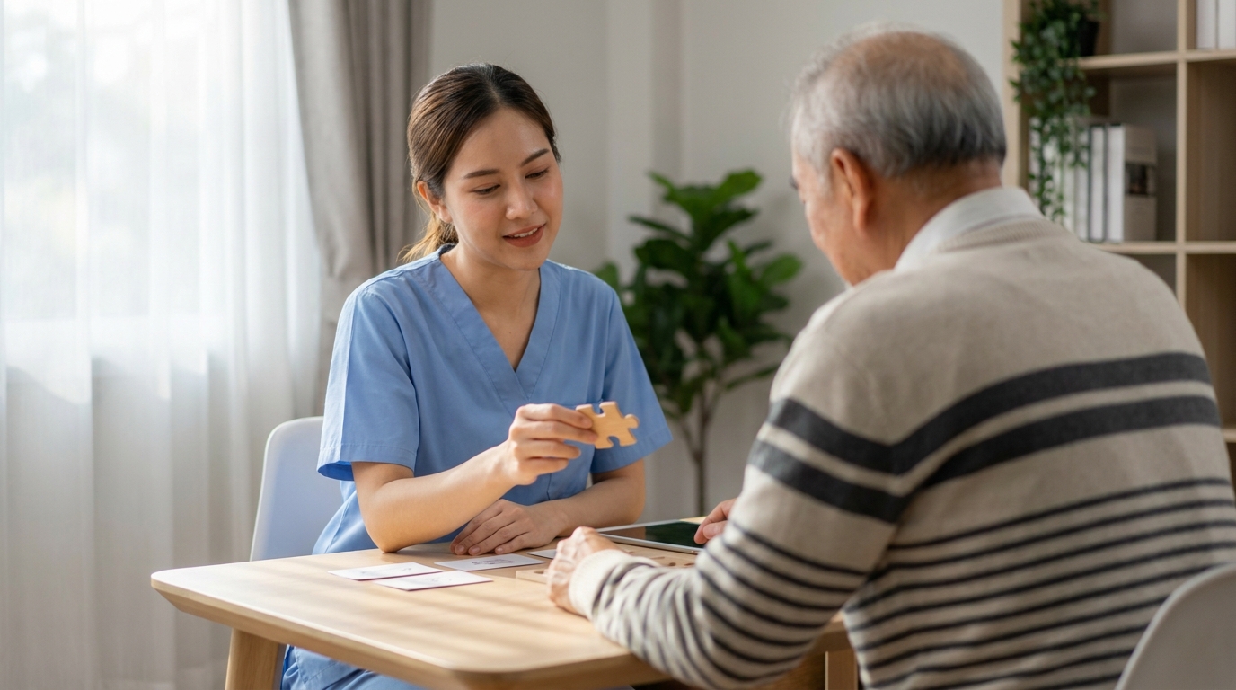 Clinician performing a cognitive assessment as part of a mental status exam