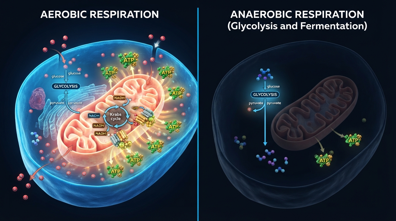 Aerobic and anaerobic cellular respiration comparison showing oxygen use and ATP production