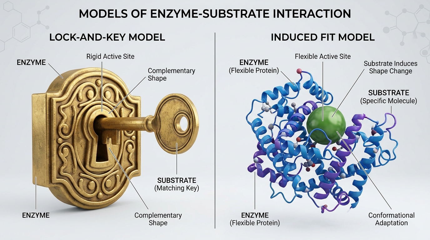 Split-screen comparison of the lock-and-key model versus the induced-fit model of enzyme action