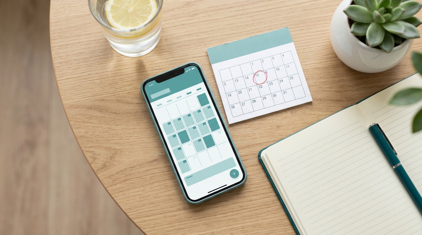 Smartphone with a calendar app and a marked paper calendar on a desk, representing a quick online EDD calculator to find the expected date of delivery