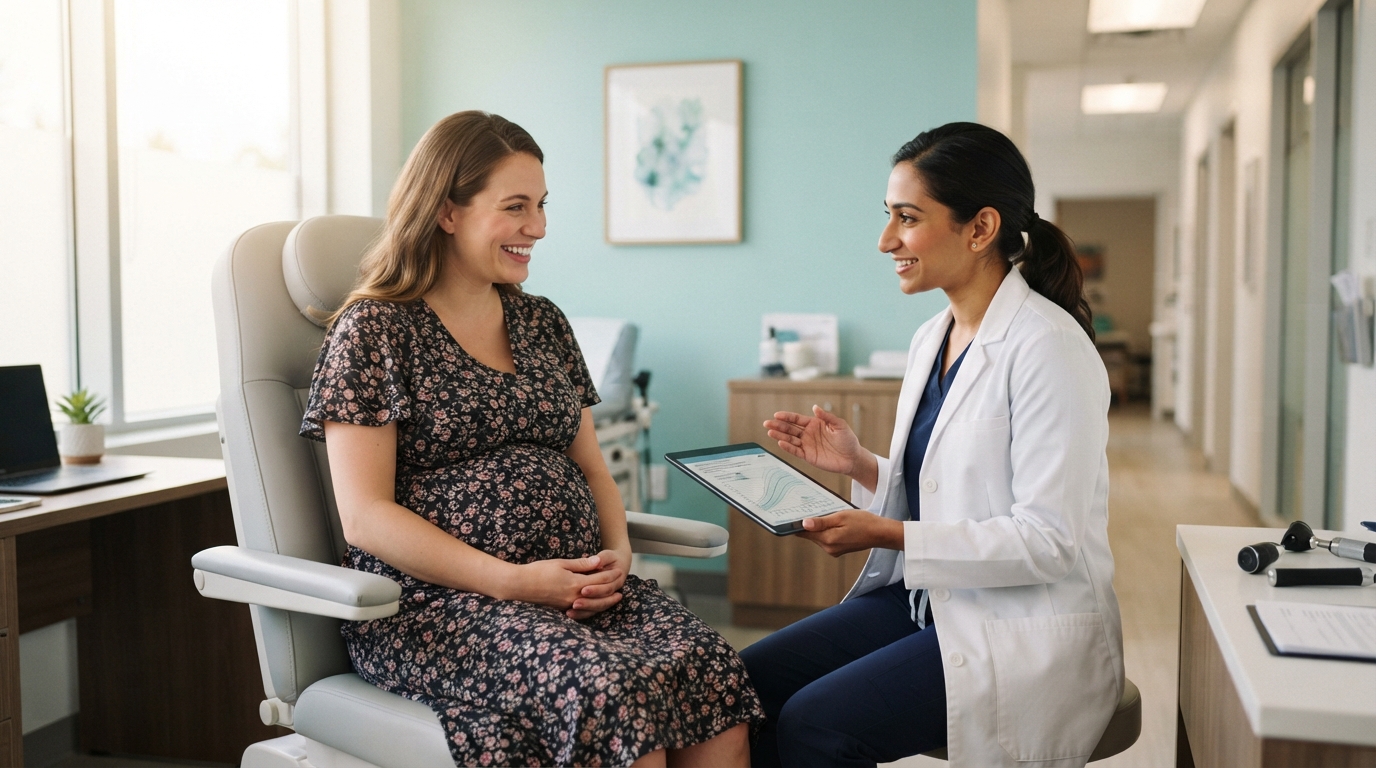 Pregnant woman consulting an obstetrician in a clinic about labor induction and Bishop score