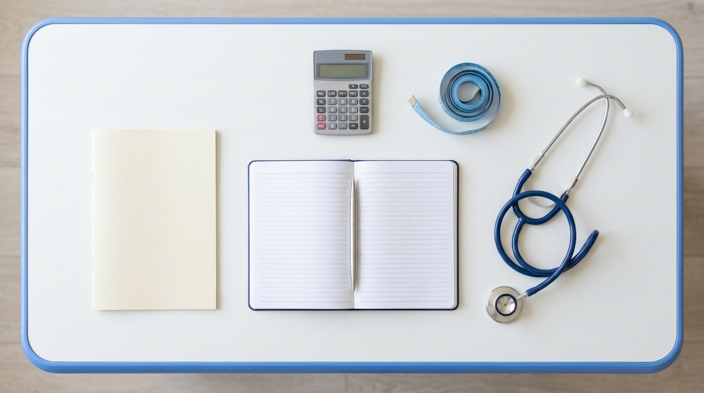 Doctor's desk with antenatal record, calculator and measuring tape for calculating gestational age with McDonald's rule