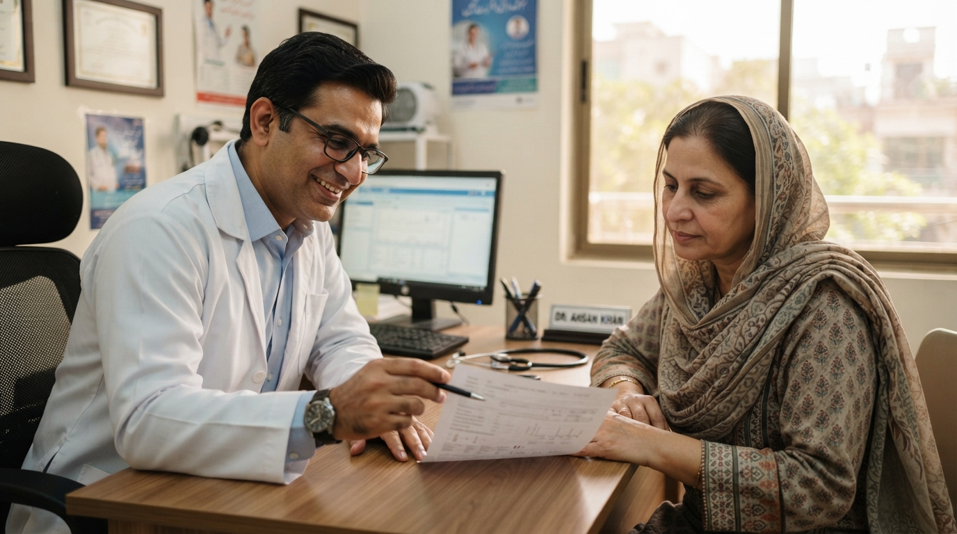 doctor explaining SGPT normal range report to patient