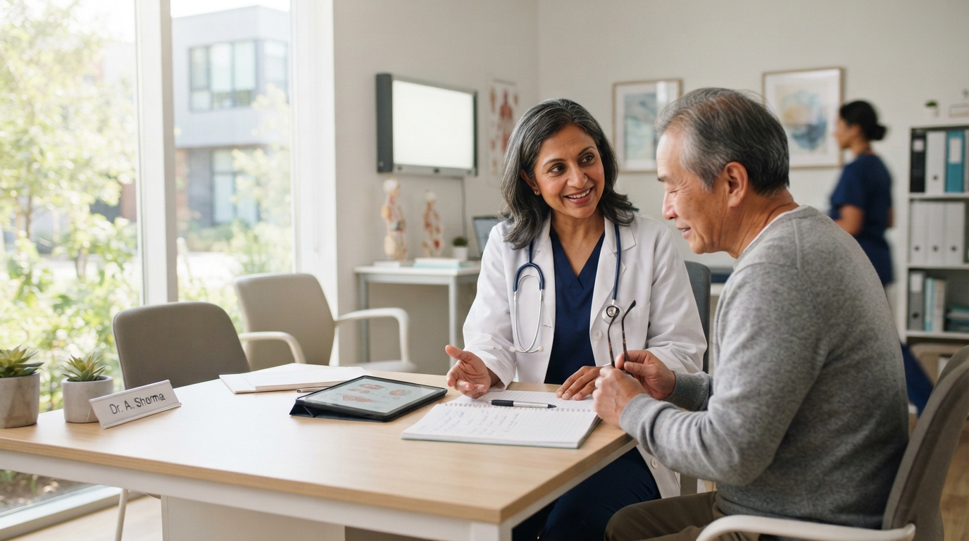 Doctor explaining AST ALT ratio blood test results to patient