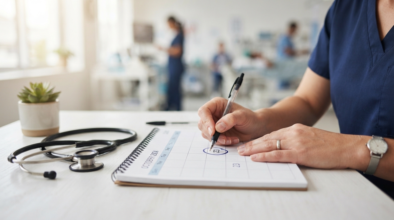 Doctor's hands marking an estimated due date on a paper calendar next to a stethoscope.