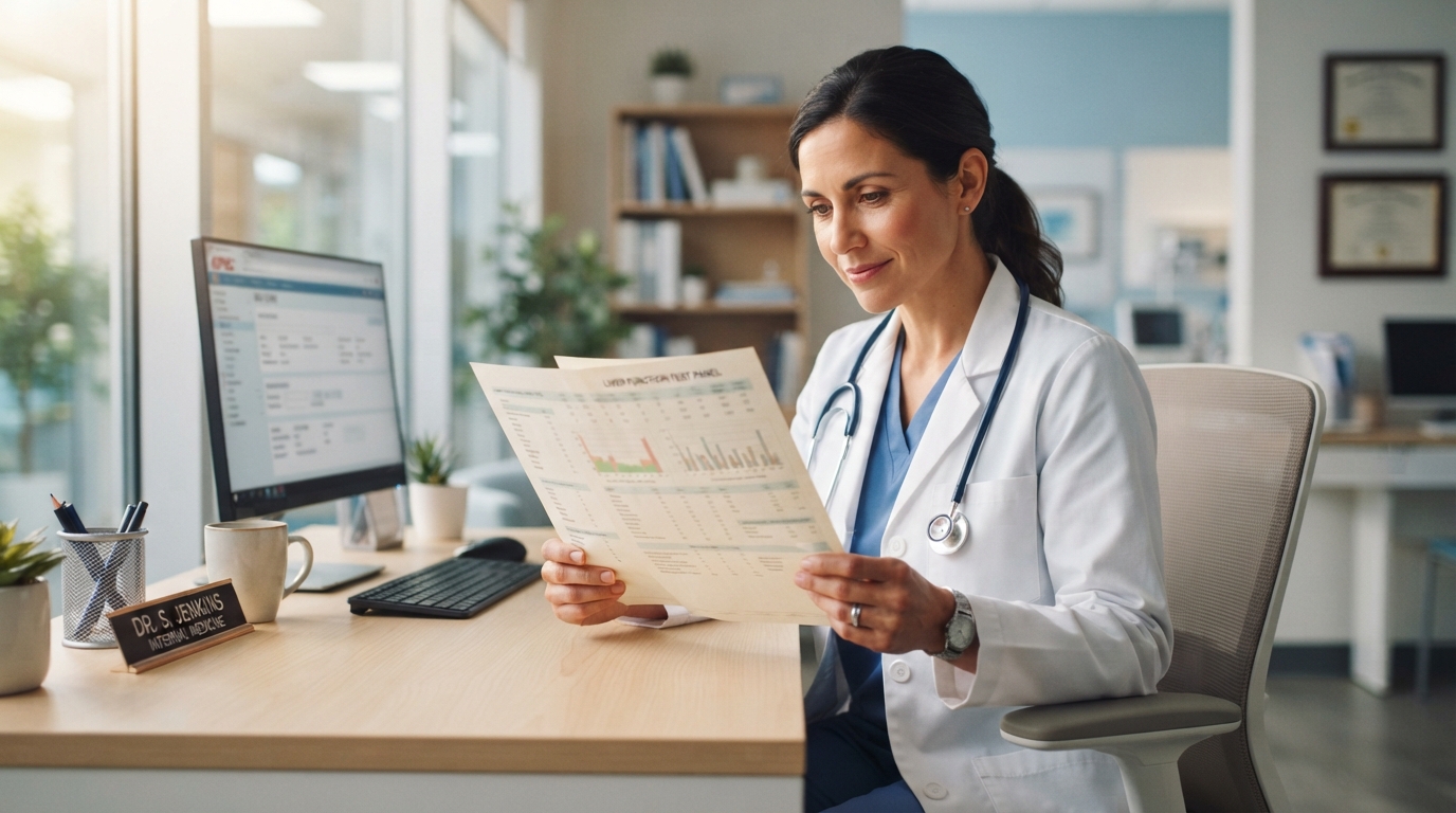 Doctor reviewing liver function test AST ALT report at clinic desk