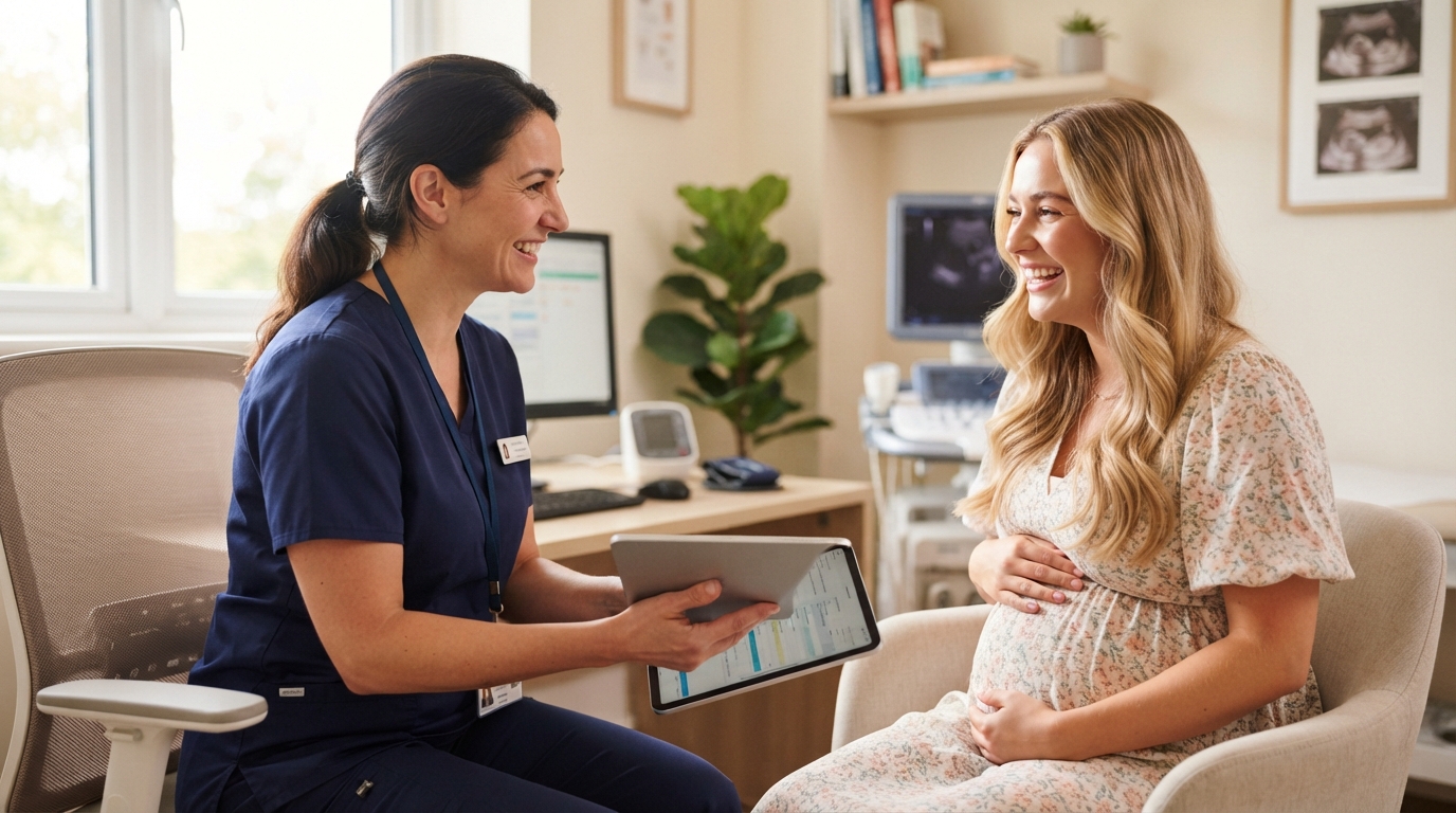 Doctor talking with a pregnant woman during an antenatal check-up in a bright consultation room.