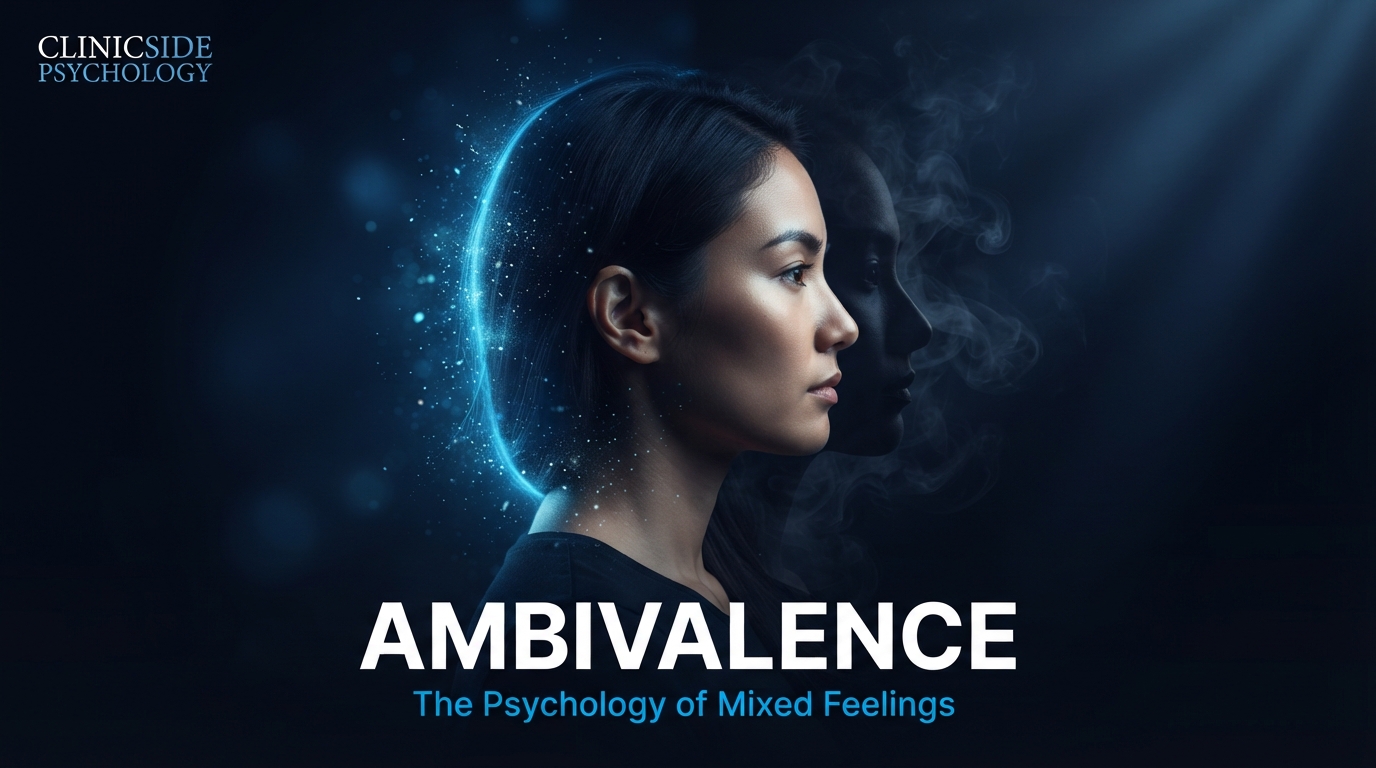 Double-exposure silhouette of a person's face split into light and shadow, symbolizing ambivalence in psychology and mixed emotions