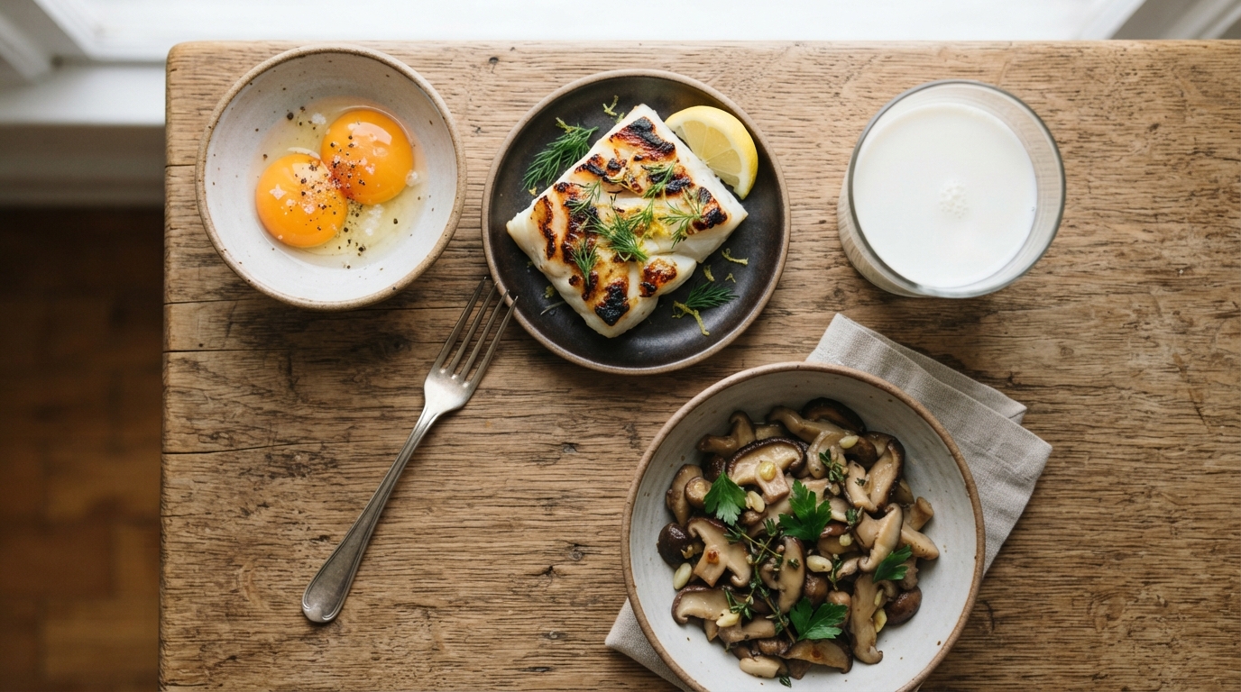 Flat-lay of Vitamin D rich foods including egg yolks, grilled fish, and fortified milk