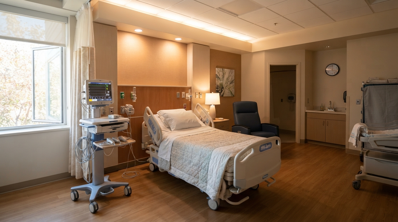 Modern hospital labor room prepared for induction of labor with fetal monitor and delivery bed