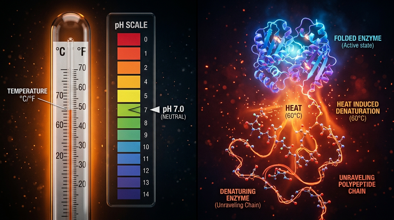 Glowing enzyme molecule losing its folded shape under heat, illustrating how temperature and pH affect enzyme activity