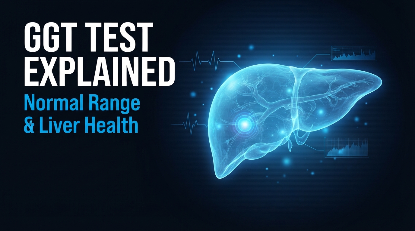 GGT test explained thumbnail showing glowing liver illustration on dark blue background
