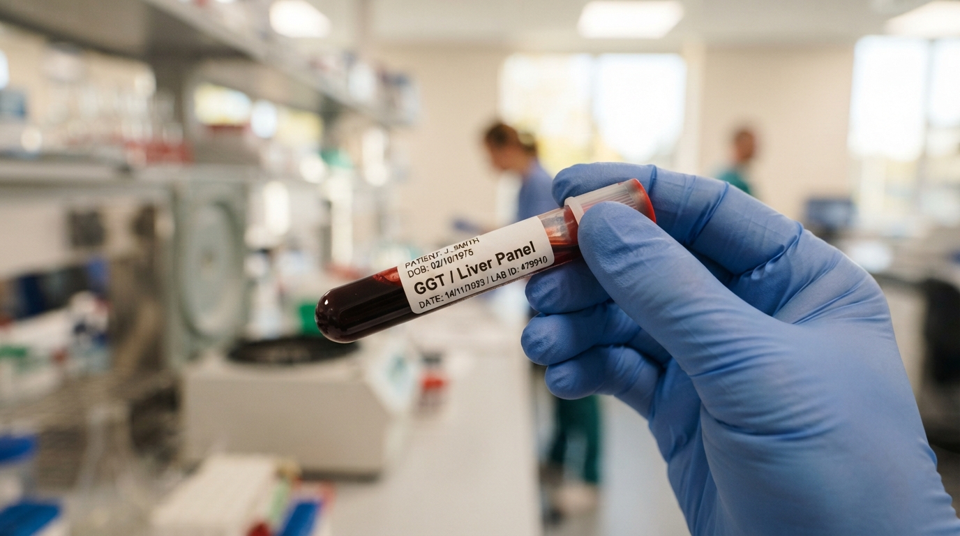 Blood test tube labeled for GGT liver panel test in a medical laboratory