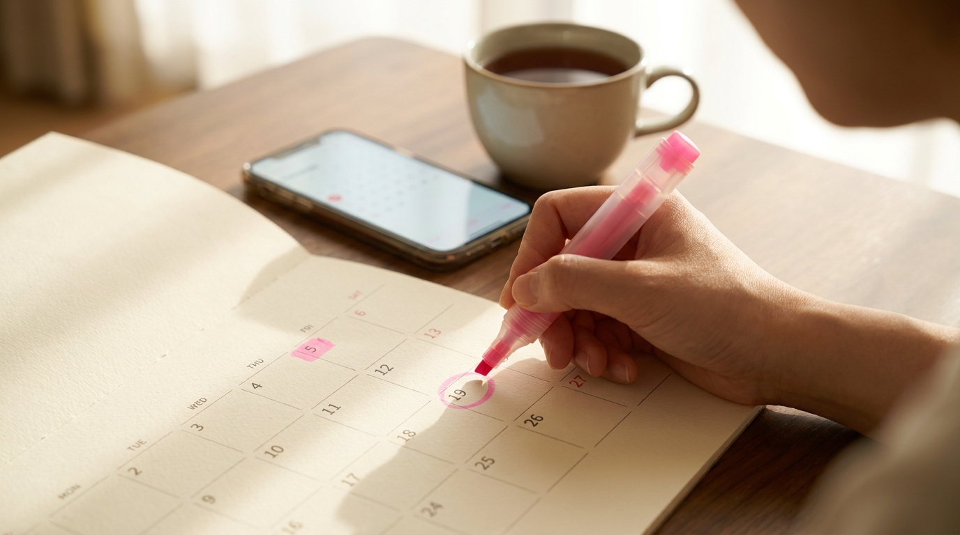 Hand highlighting dates on a calendar to show a worked example of Naegele's rule EDD calculation