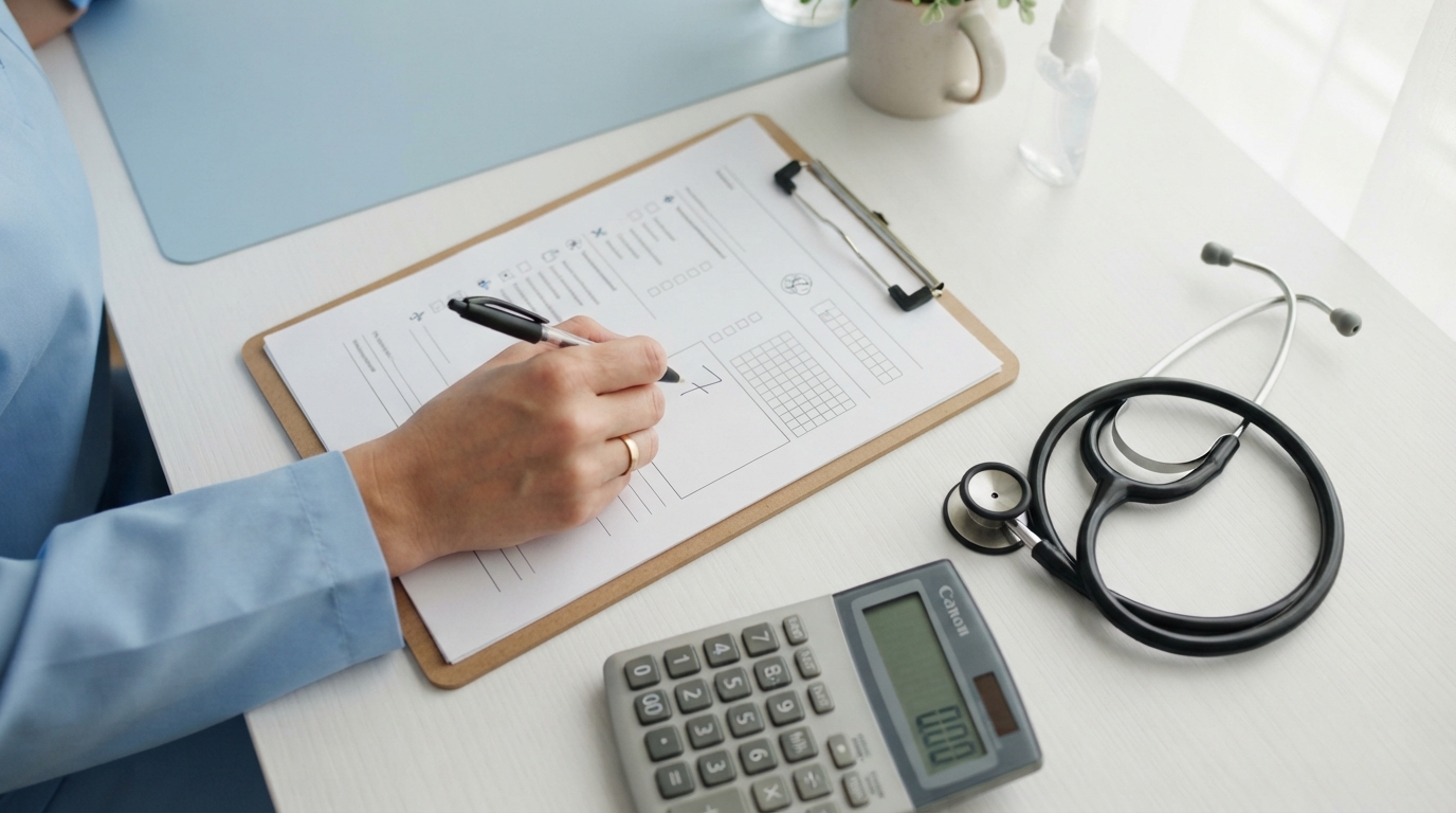 Doctor calculating the Bishop score total on a clipboard with a stethoscope and calculator