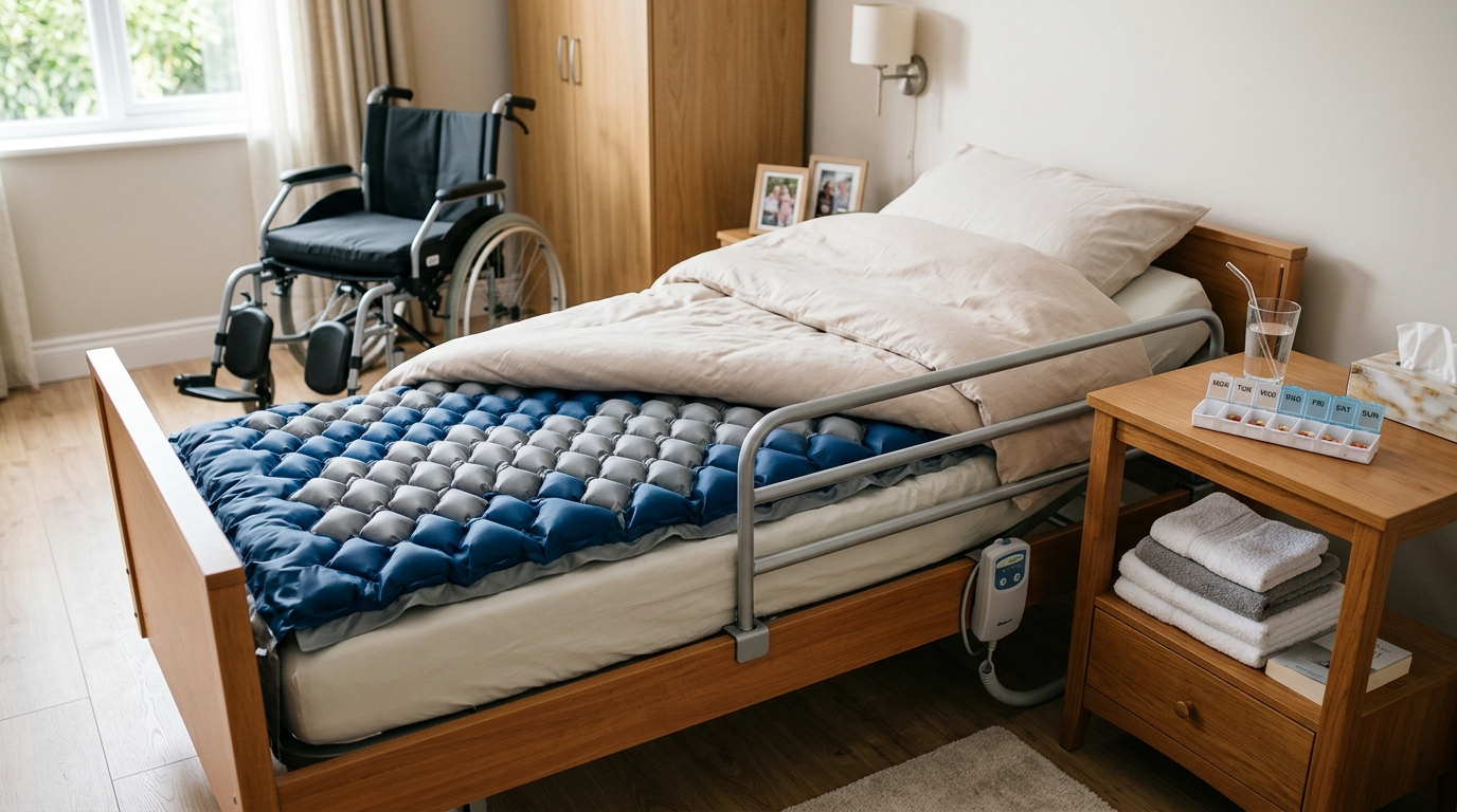Home care equipment for bedridden patients including air mattress and bed rail