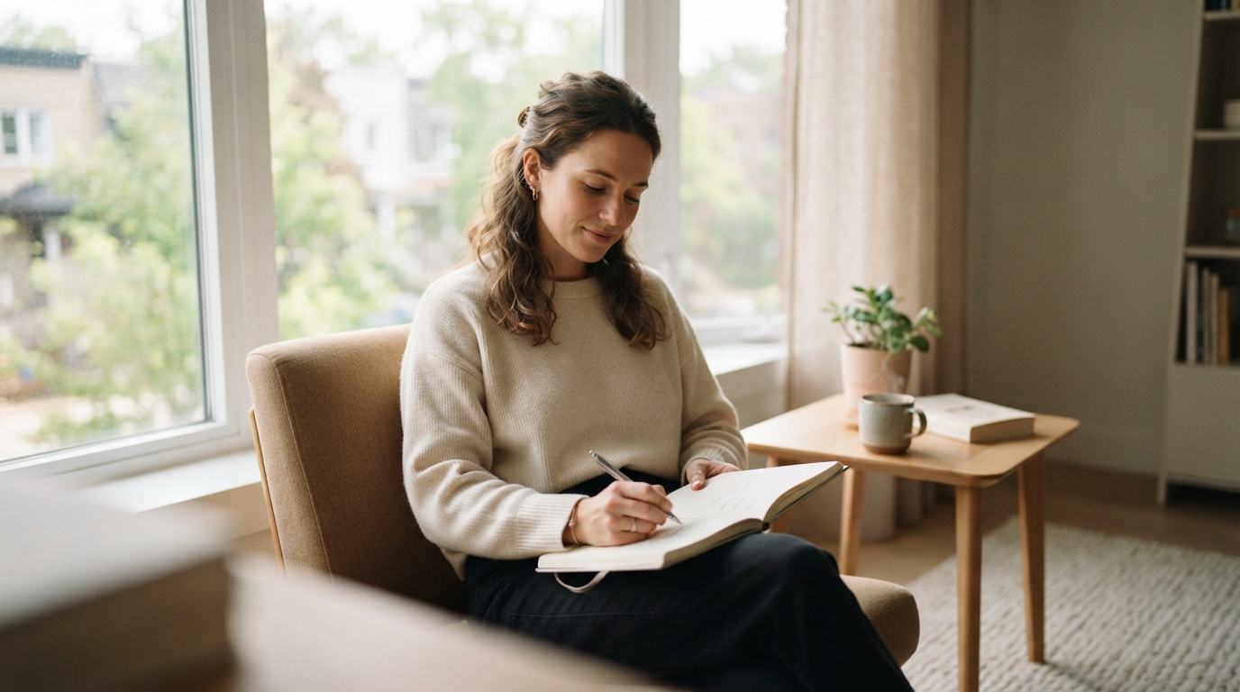 "Person journaling to process mixed emotions and manage ambivalence"
