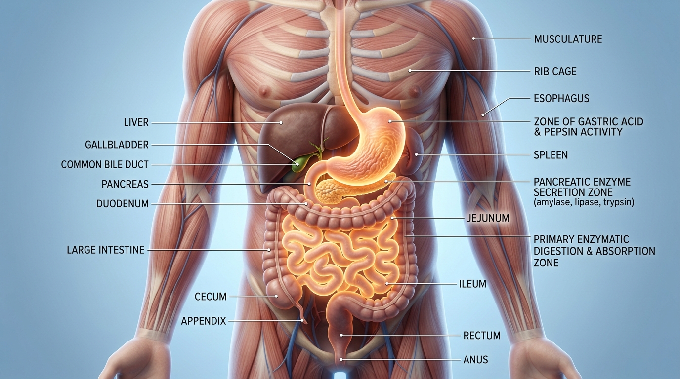 Cutaway illustration of the human digestive system highlighting stomach, pancreas, and small intestine where digestive enzymes are active