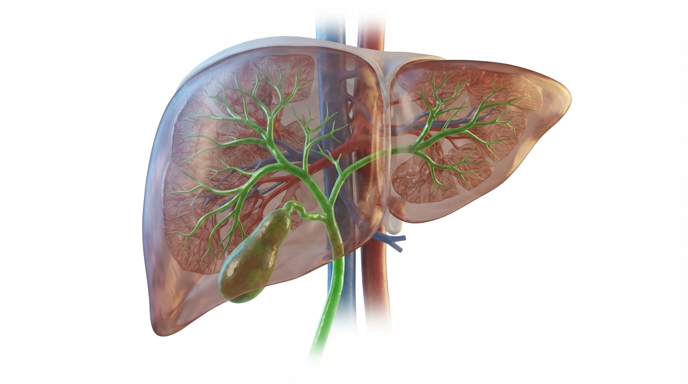 3D illustration of human liver and bile ducts showing GGT enzyme location