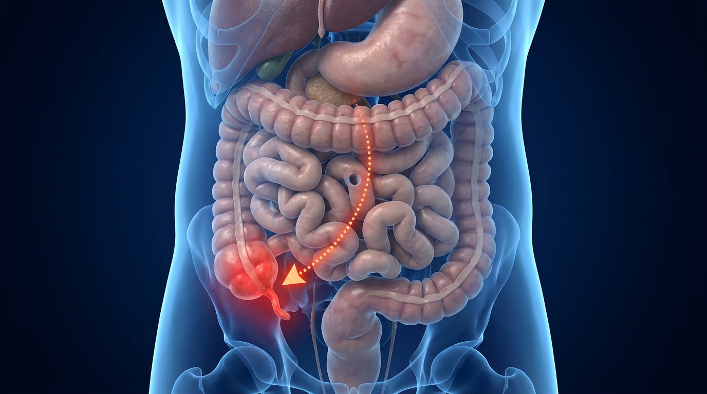 3D anatomy illustration showing pain migrating from the umbilicus to the right iliac fossa where the appendix is inflamed