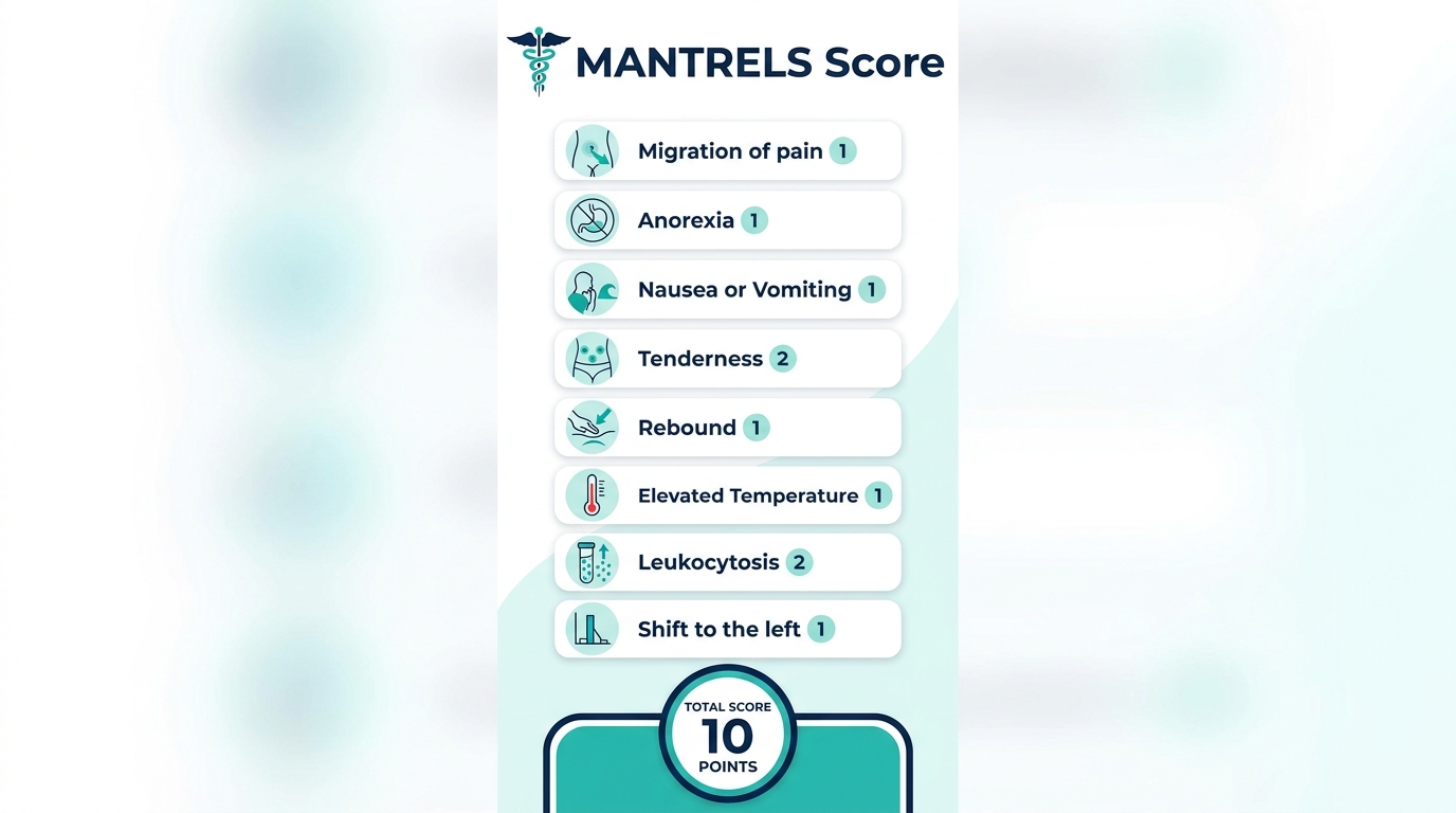 MANTRELS mnemonic infographic listing the eight Alvarado score items with points, totaling 10