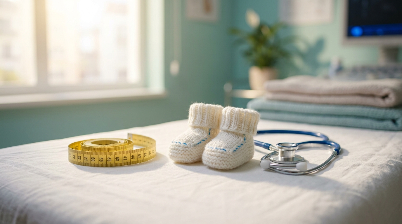 Medical measuring tape with baby booties and stethoscope on an antenatal clinic bed for McDonald's rule fundal height