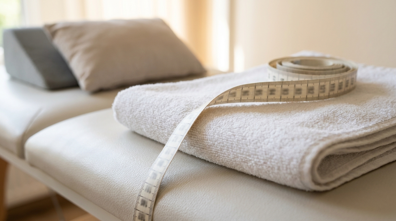 Non-stretch measuring tape on an examination couch used to measure symphysis fundal height in centimeters