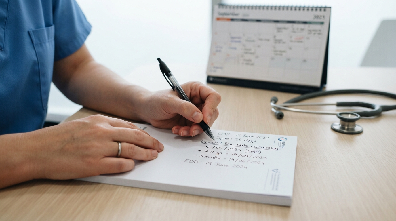 Nurse's hands writing Naegele's Rule due date calculation on a clinical notepad with calendar and stethoscope in background