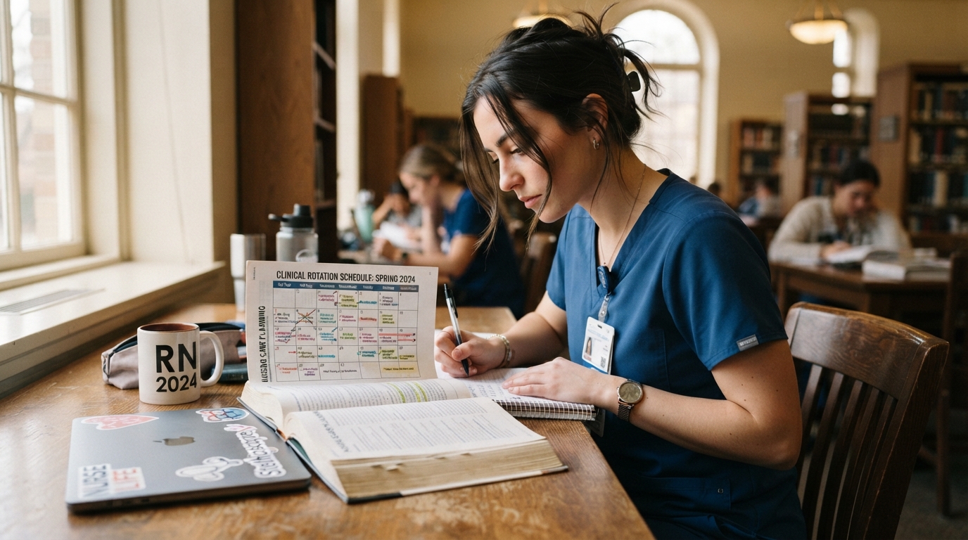 Nursing student in blue scrubs studying due date calculation formulas at a library desk with a textbook and calendar illustration