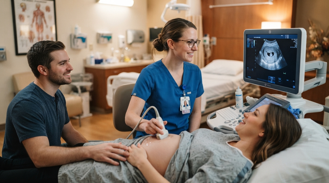 Obstetrician performing a first-trimester ultrasound to confirm a pregnant patient's estimated due date