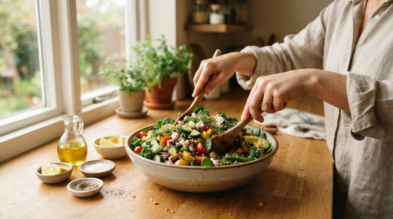 Fresh vegetable salad preparation to help lower GGT levels naturally