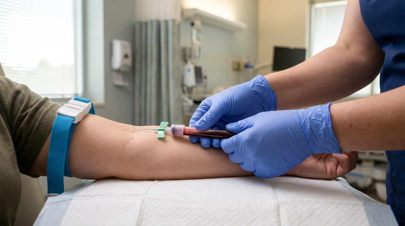 Phlebotomist drawing blood sample for alkaline phosphatase ALP blood test