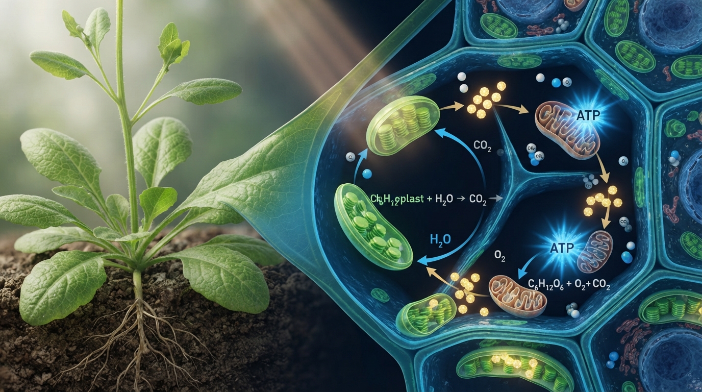 Cellular respiration in plants showing chloroplasts and mitochondria producing ATP
