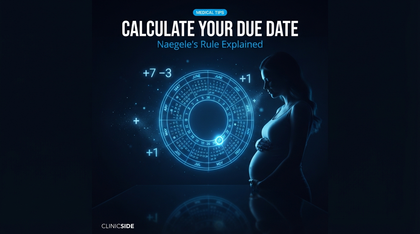 Clinicside medical tips cover image explaining how to calculate due date manually with Naegele's Rule formula