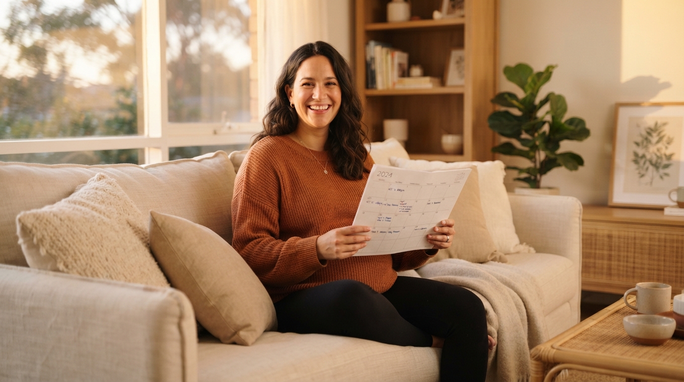 Smiling pregnant woman sitting on a sofa and looking at a paper calendar while planning her due date.